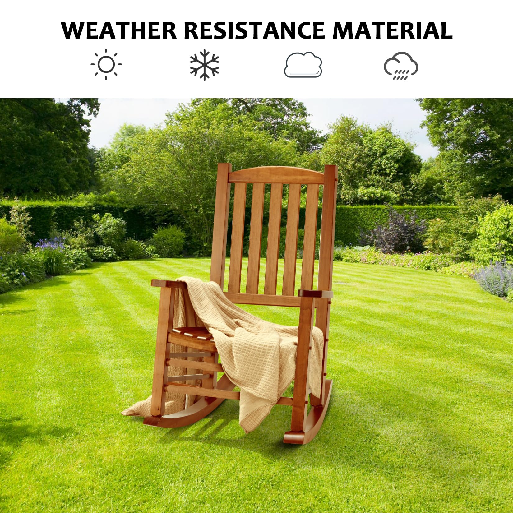 Hupmad Wooden Rocking Chair Rocker Outdoor Oversized Porch Rocker Chair,Patio Wooden Rocker with Armrest,All Weather Rocker Slatted for Backyard,Garden,400 lbs Support,Natural - WoodArtSupply