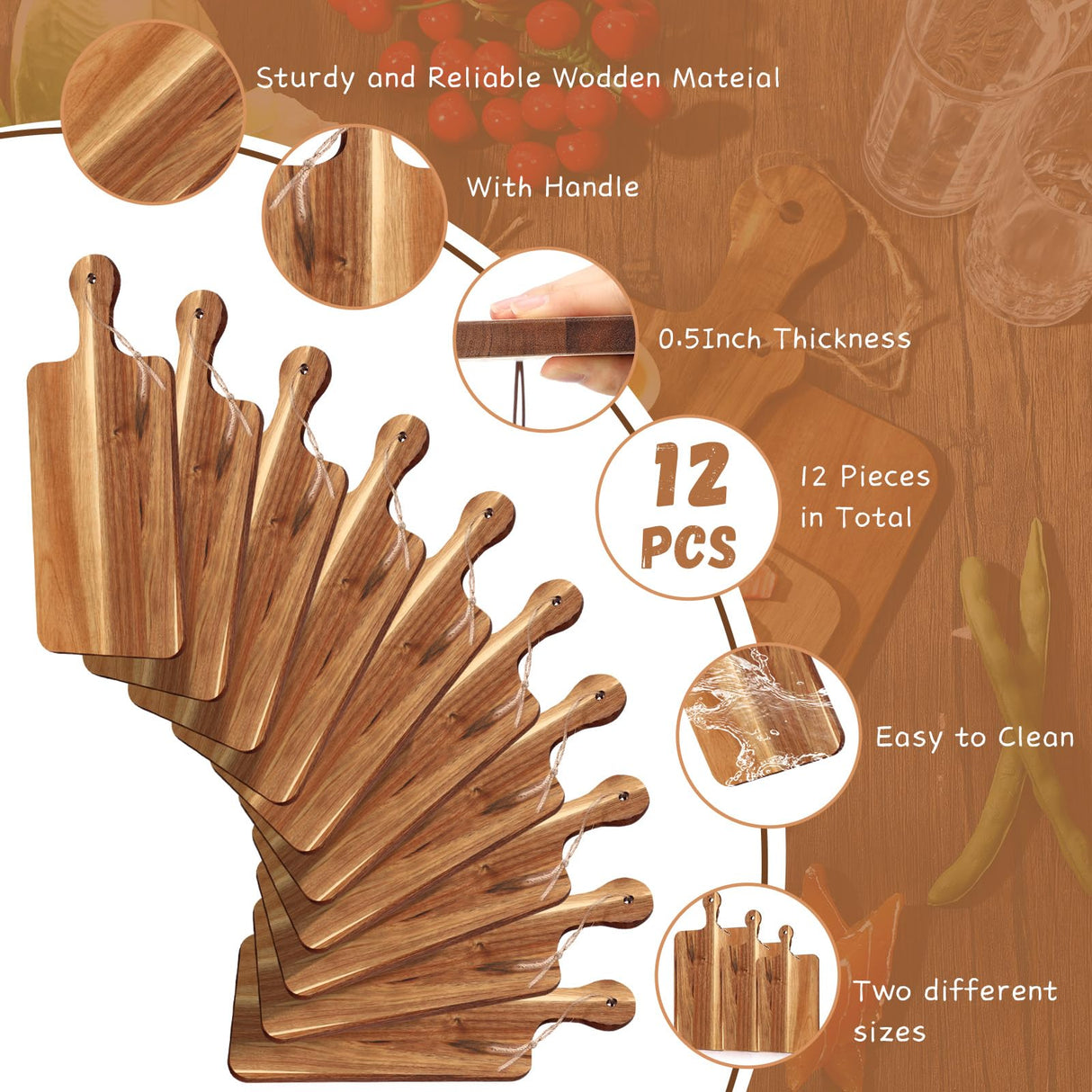 Layhit 12 Pcs Bulk Wood Acacia Cutting Board Charcuterie Board with Handle Laser Engraving Board Large Small Serving Board for Kitchen Chopping Cheese Mother's Day Wedding Housewarming Gift(3 Sizes) Layhit