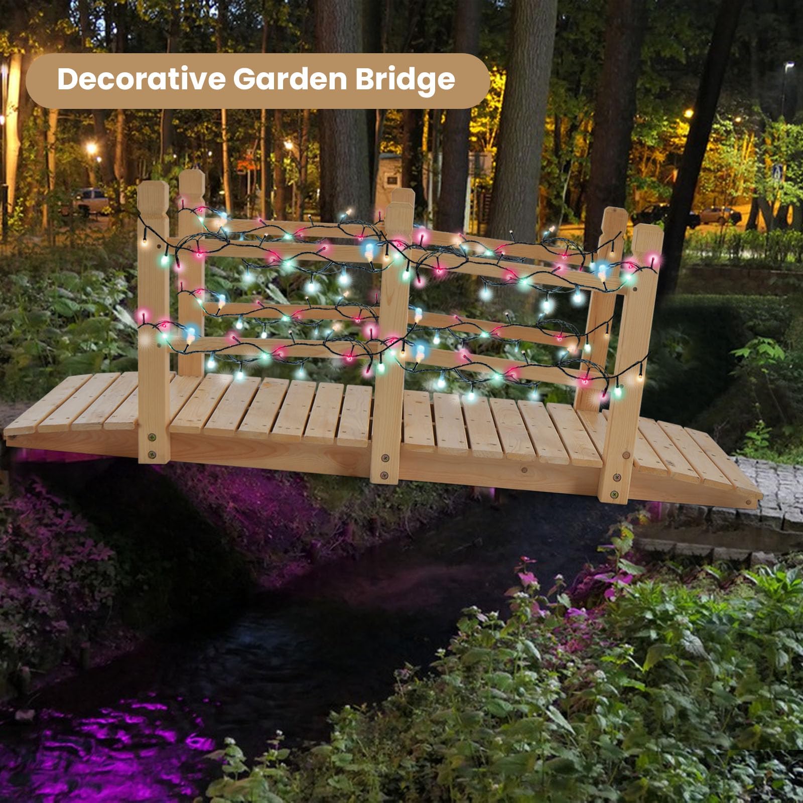 HAPPYGRILL 5FT Wooden Garden Bridge, Decorative Landscaping Bridge with Classic Arc Footbridge & Double Safety Railings, Garden Bridges for Outdoors, Backyard, Garden Farm (Natural) - WoodArtSupply