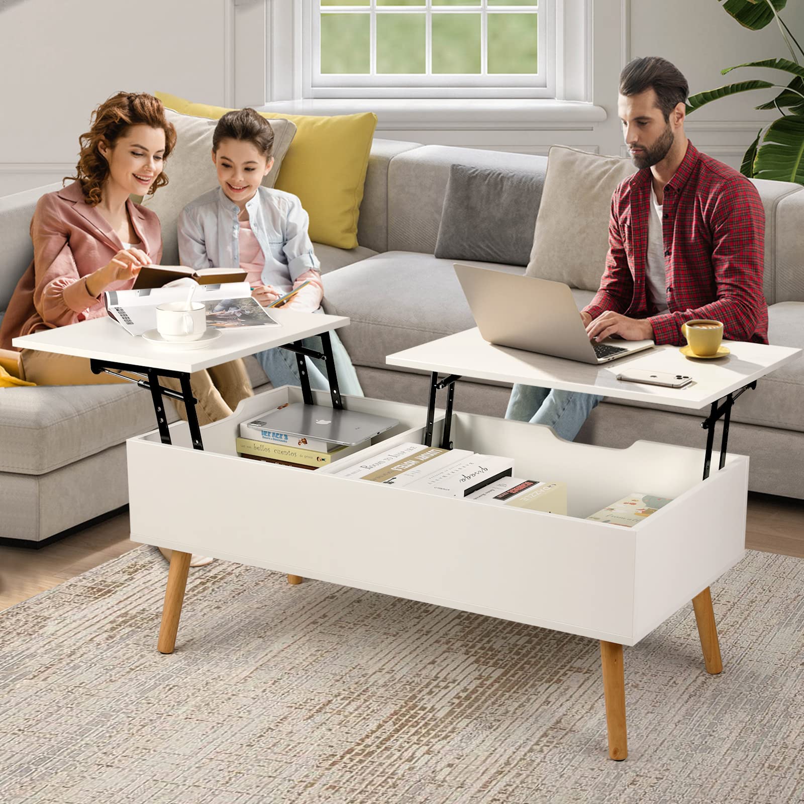 VOWNER Coffee Table, Lift Top Coffee Table with Separate and Hidden Storage Compartment, Double Lift Tabletop, Sofa Table for Home Living Room, White - WoodArtSupply