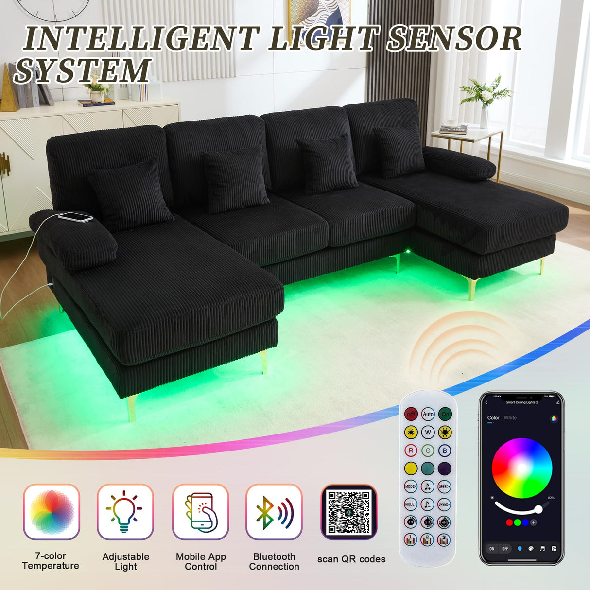 VYNELITO U Shaped Sectional Sofa Couch, 4 Seat Sofa with Double Chaise Lounge for Living Room, 104" Comfy Corduroy Couch with USB and Lights, Black Corduroy VYNELITO