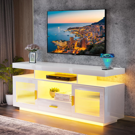 Gurexl 24-Color RGB TV Stand with Wireless Charging Station,RGB Television Table Center with Human Body Induction,High Gloss TV Console Cabinet with 1 USB&Type-C Port for Living Room