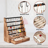 Pinzoveco Earring Organizer, 5 Layer Earring Holder Organizer with Necklace Holder Pole, Rustic Wood Jewelry Organizer Stand Display for Stud Earring Bracelet Necklace Ring, 175 Earring Holes Pinzoveco