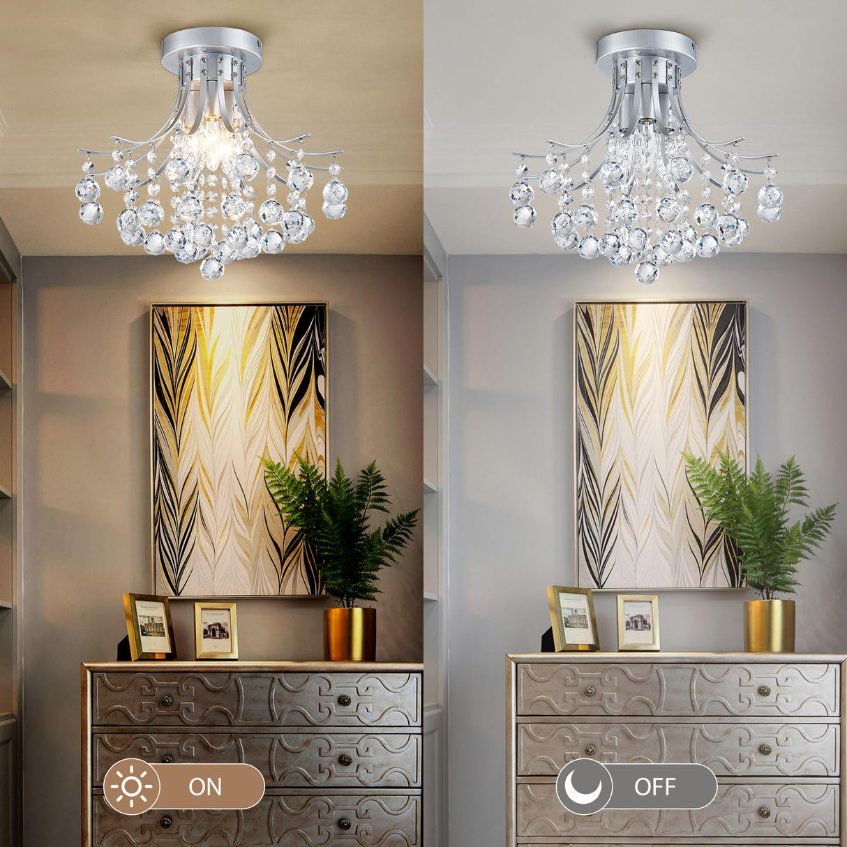 Bestier Modern Silver Crystal Semi-Flush Mount Chandelier Lighting Ceiling Light Fixture Lamp for Diningroom Bathroom Bedroom Livingroom 3 E12 Bulbs Required D13.5 inch X H11.6 inch Bestier