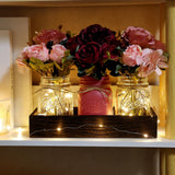 Nagobi Christmas Mason Jar Centerpiece Table Decor for Dining Room Farmhouse Coffee Table Decor with Wood Tray Fairy Lights Fake Flowers for Kitchen Living Dining Room - Burgundy Pink, 11 inches Nagobi