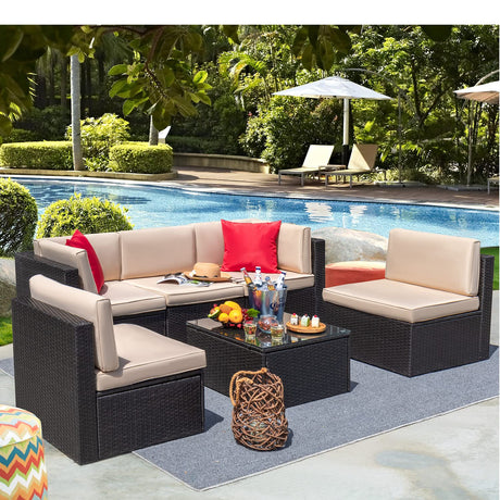 Devoko Patio Furniture Sets 6 Pieces Outdoor Sectional Rattan Sofa Manual Weaving Wicker Patio Conversation Set with Glass Table and Cushion (Beige) Devoko
