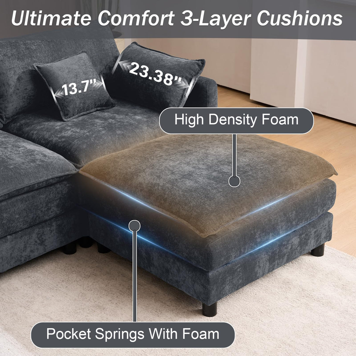 145" Oversized Modular Sectional Sofa U Shaped Cloud Couch 6 Seat Sofa Set for Living Room Comfy Fluffy Chenille Deep Seat with Movable Ottomans, Storage Console, Cup Holders, USB Ports, Dark Grey BEQAI