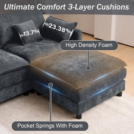 145" Oversized Modular Sectional Sofa U Shaped Cloud Couch 6 Seat Sofa Set for Living Room Comfy Fluffy Chenille Deep Seat with Movable Ottomans, Storage Console, Cup Holders, USB Ports, Dark Grey BEQAI