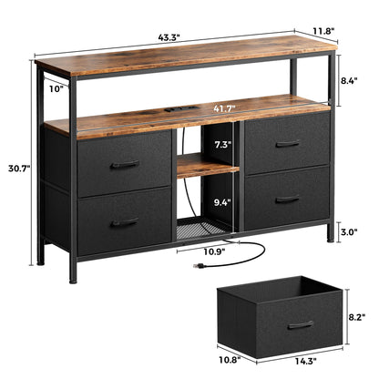 Huuger TV Stand Dresser with Power Outlets and LED Lights, 4 Drawers Entertainment Center with Open Shelf, Media Console for 50 43 Inch TV, Dresser with PU Finish, Rustic Brown and Black