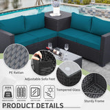 WAROOM Outdoor PE Wicker Patio Furniture Set 4 Piece Black Rattan Sectional Sofa Loveseat Couch Conversation Set with Storage Box Glass Top Table and Anti-Slip Peacock Blue Cushion WAROOM