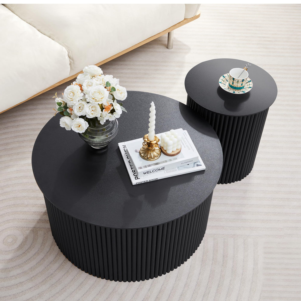 Fluted Round Nesting Coffee Table Set of 2, Mid Century Modern Wood Coffee Table and End Table Set, Minimalist Center Tables Circle Side Table for Living Room, Office(Black RUSTYER
