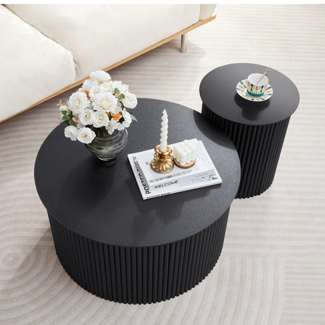 Fluted Round Nesting Coffee Table Set of 2, Mid Century Modern Wood Coffee Table and End Table Set, Minimalist Center Tables Circle Side Table for Living Room, Office(Black RUSTYER