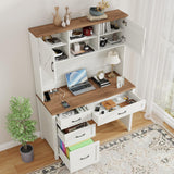 Farmhouse 67" H Executive Desk with Hutch,Office Desk with 4 Drawers and LED Light, Computer Desk with Storage Cabinet & File Drawers and Charging Station, Wood Workstation for Home Office and Study Vabches