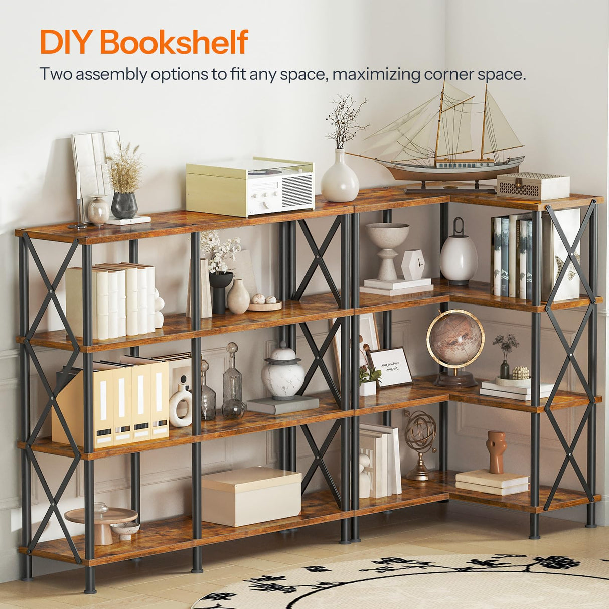 HOOBRO Corner Bookshelf, 4-Tier L-Shaped Bookcase, Industrial Open Display Shelf Tall Storage Organizer, Vertical Storage Rack, for Living Room, Home Office, Rustic Brown and Black BF59SJ01 HOOBRO