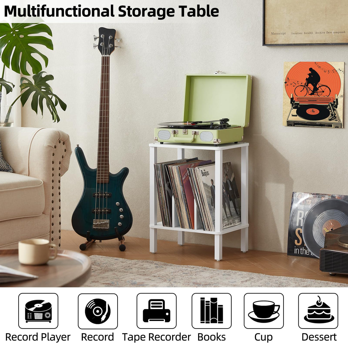 LELELINKY 2-Tier Record Player Stand with Vinyl Record Storage up to 100 Albums, Bedroom Record Holder and Multi-Functional End Table for Living Room, White LELELINKY