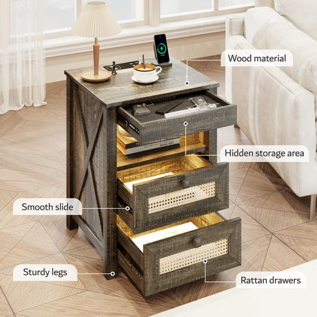 FREDEES Farmhouse Nightstand with Gun Drawer, End Table with Charging Station, LED Bedside Table with Human Sensor Light, Rattan Night Stand for Bedroom, Rustic Brown FREDEES