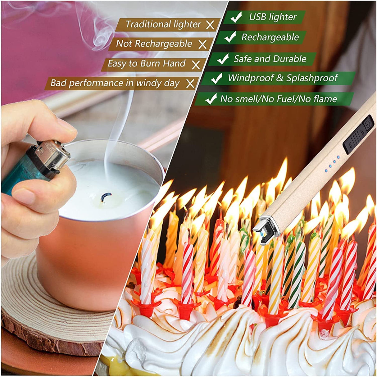 MEIRUBY Lighter Electric Candle Lighter Long Electronic Rechargeable USB Lighter Arc Windproof Flameless Lighters for Candle Camping BBQ Birthday Women's Day Gifts for Women Mom Wife Men, Gold MEIRUBY