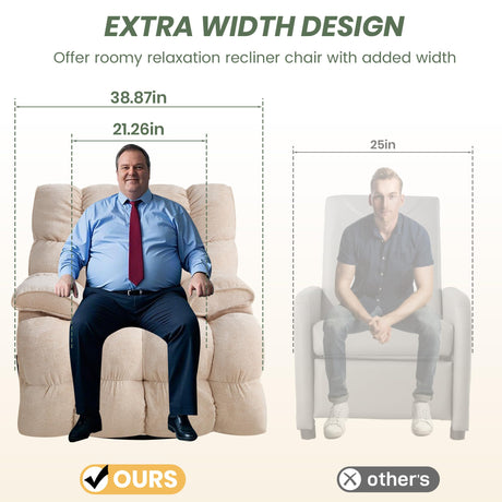 VIKAYAMICS Oversized Rocker Recliner Chair 42” Power Swivel Recliner for Living Room Overstuffed Extra Wide Rocking Recliners with Breathable Soft Fabric Up to 400lbs(Manual Beige) VIKAYAMICS