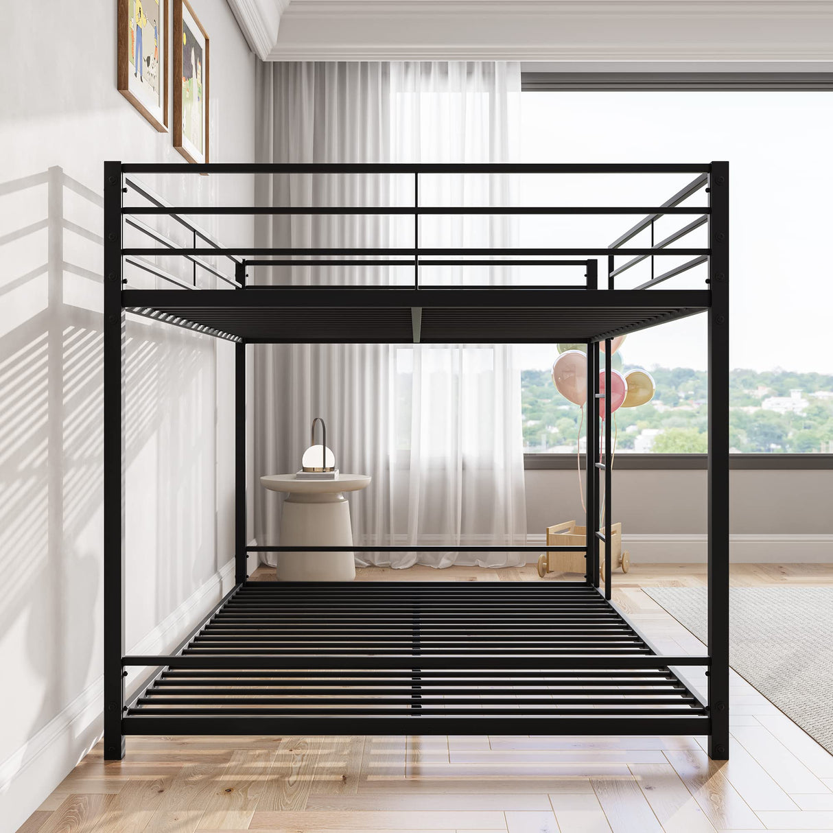 Full Over Full Bunk Beds, Metal Heavy Duty Full Size Bunk Beds for Kids, Full Size Bed Frmae for Boys and Girls,Loft Bed with Ladder and Guardrail for Small Spaces (Black) FOUBAM