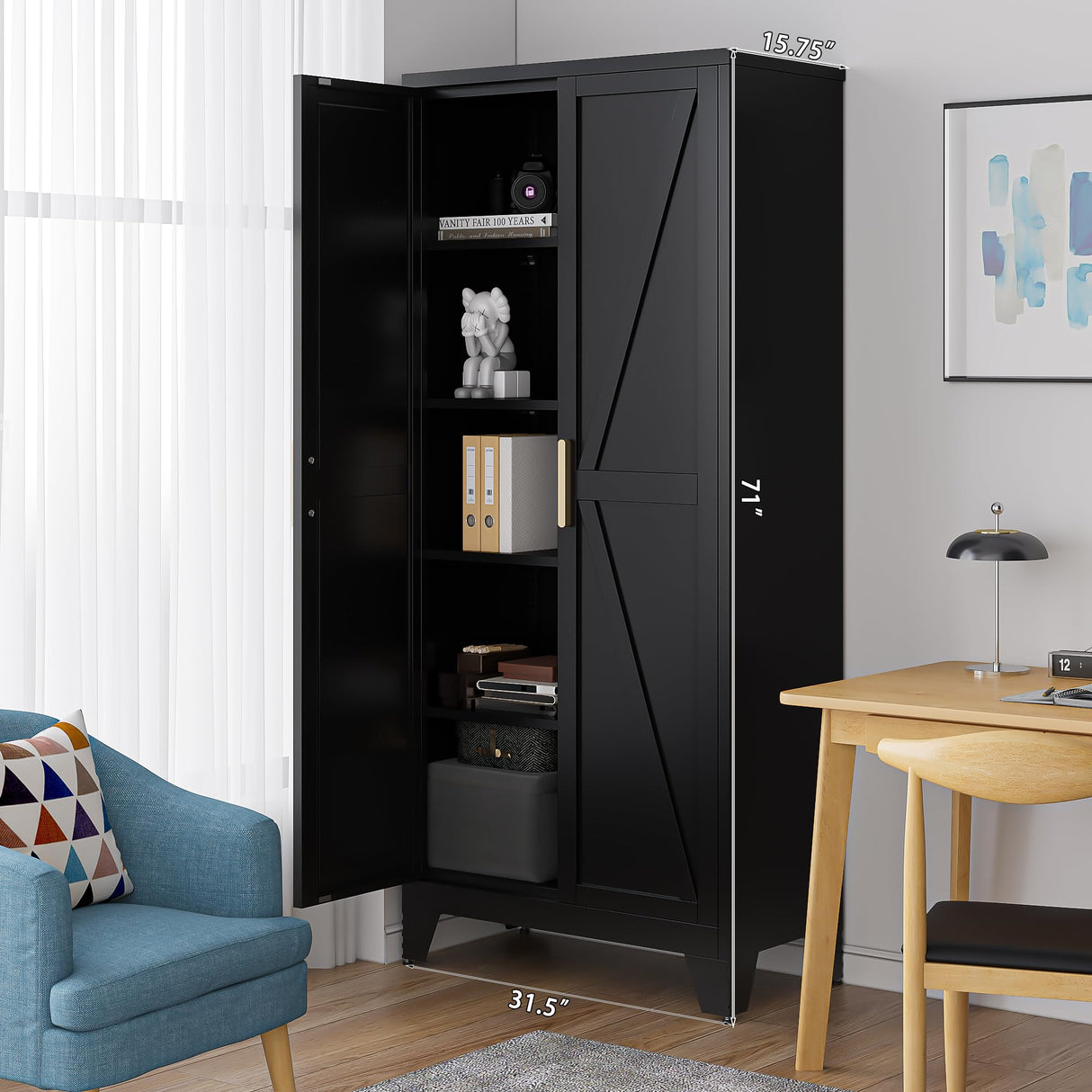 Washsemba 71'' Farmhouse Metal Storage Cabinet with Barn Doors,Steel File Cabinet for Home Office,Kitchen Pantry 4 Adjustable Shelves,Freestanding Cupboard for Kitchen,Home Office (Black) Washsemba