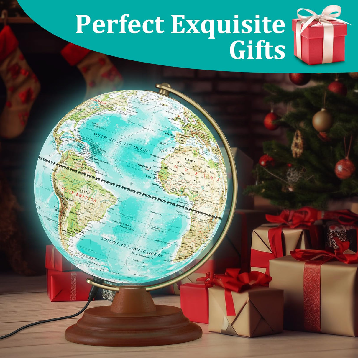 JOWHOL Illuminated Globe of the World with Wooden Stand, 8'' World Globe for Kids & Adults' Learning Built-in LED Night Light, Home Office Classroom Decor Geography Gifts(Elegant Turquoise) JOWHOL