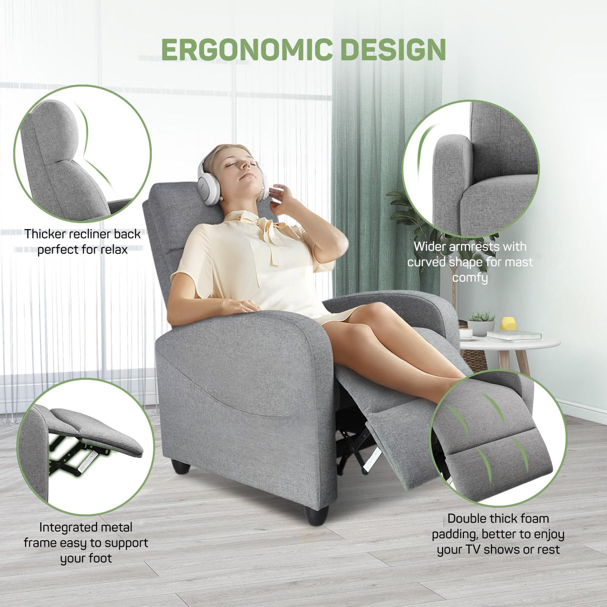 Recliner Chair with Massage and Lumbar Support, Small Fabric Home Theater Seating, Adjustable Modern Reclining Chair for Adults in Living Room Zibbizo