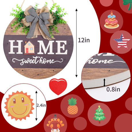 Interchangeable Welcome Sign for Front Door with 14 Changeable Icons, Farmhouse Front Porch Decor Rustic Wooden Wall Sign with 12 LED Lights, Outdoor Seasonal Welcome Home Decorations (Wood home1) HOMCDALY