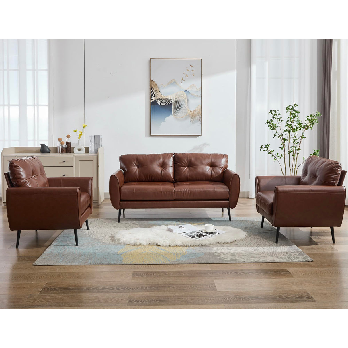 TYBOATLE Sofa Couch 61" Small Loveseat Couches for Living Room Leather Couch Mid Century Modern Tufted Mini Sofa Comfy Office 2 Seat Settee Love Seat Loveseat for Small Spaces Bedroom (3, Brown) TYBOATLE