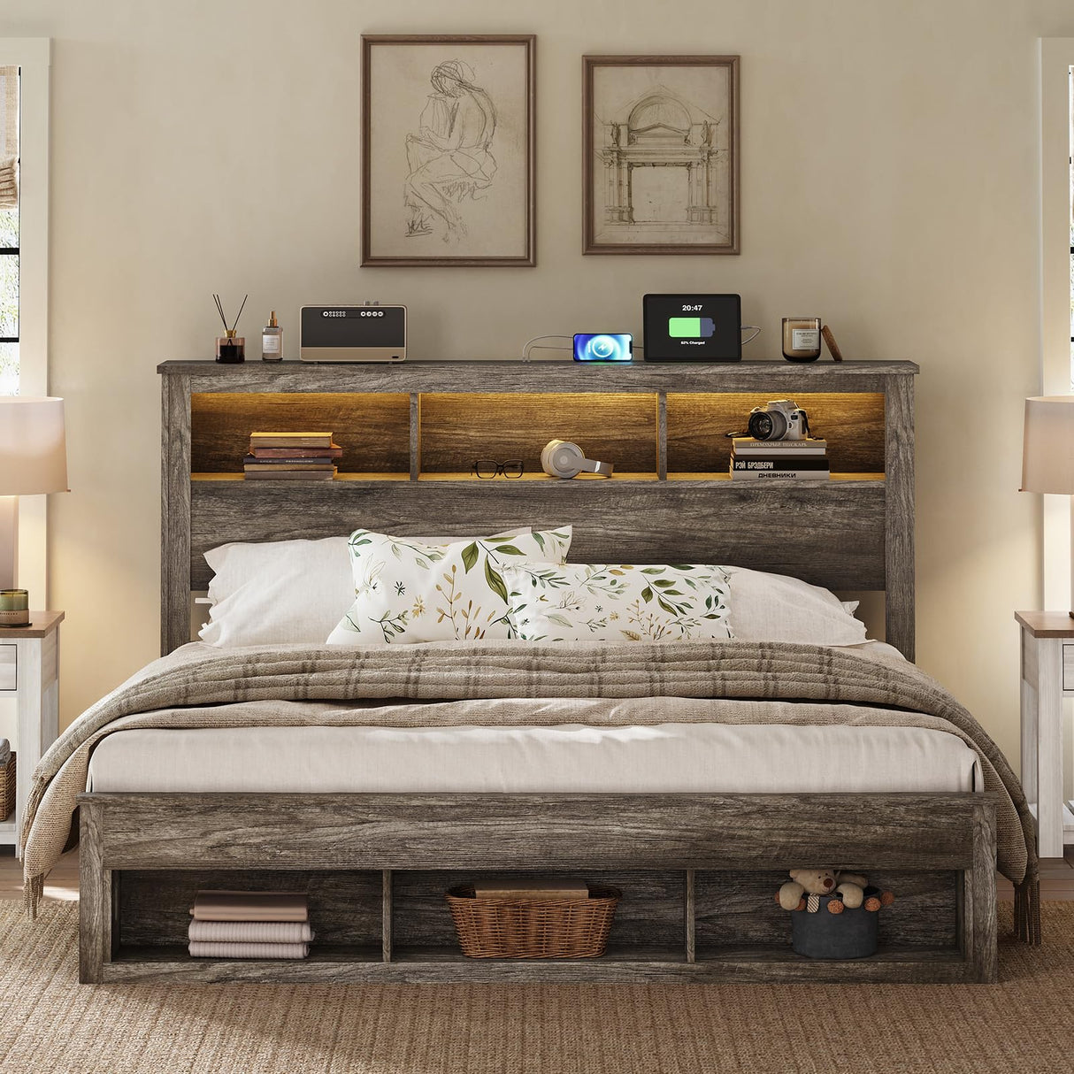 Albott Farmhouse King Size Bed Frame with Storage Bookcase Headboard and Footboard, Storage Wood Platform Bed Frame with Wood Slats Support, Noiseless LED Bed Frame, No Box Spring Needed, Gray Albott