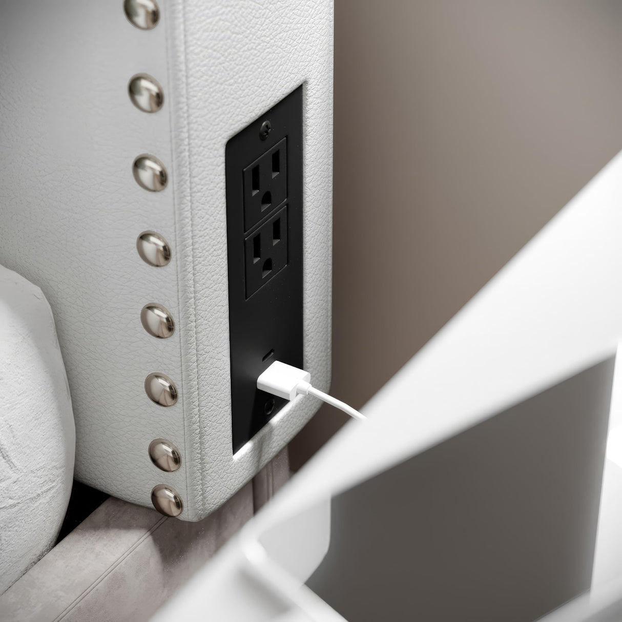 Flash Furniture Adeline Twin Headboard with 2 Outlets, USB Port, USB Type-C Port, Contoured Headboard, Studded LeatherSoft Upholstery, Dual Hanging Options, White Flash Furniture
