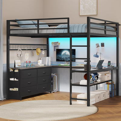 ADORNEVE Loft Bed Full Size with U-Shaped Desk, 6 Storage Drawers, Power Outlet, LED Metal Loft Bed with 2 Storage Shelves, Bed with Safety Guardrail & Ladders, No Box Spring Needed, Grey