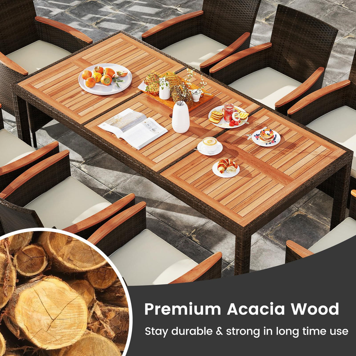S AFSTAR Patio Dining Set for 8 with Umbrella Hole, 75”x36” Acacia Wooden Table & PE Rattan Chairs for Deck, Backyard S AFSTAR