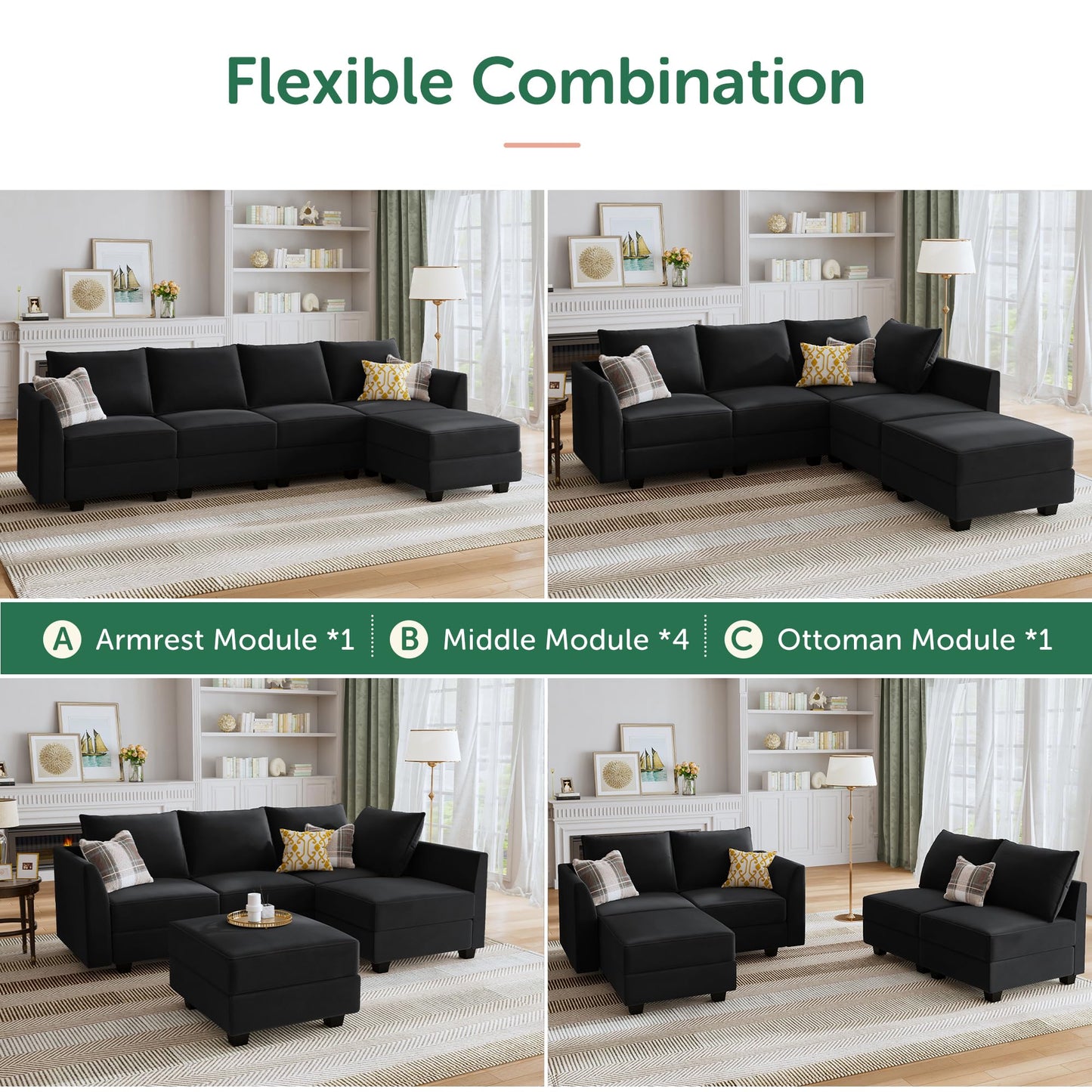 HONBAY Modular Sectional Sofa Velvet L Shaped Couch with Storage Ottoman Convertible Sectional Couch 4-Seat Sofa with Reversible Chaise, Black