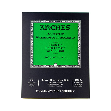 Arches Watercolor Pad 9x12-inch Natural White 100% Cotton Paper - 12 Sheet Arches Watercolor Paper 140 lb Cold Press Pad - Arches Art Paper for Watercolor Gouache Ink Acrylic and More Arches
