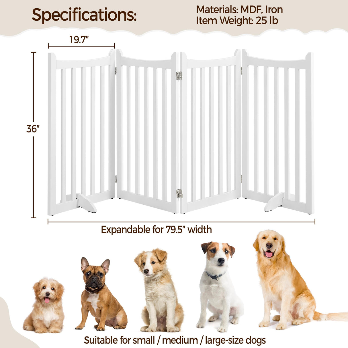 Yaheetech 36" H Extra Tall Freestanding Pet Gate 4-Panel Wooden Dog Fence with 2 Support Feet Folding Dog Gate for Indoor, Stairs, Doorways, Halls, Kitchen Wooden Pet Barrier White, 79.5" L x 36" H Yaheetech