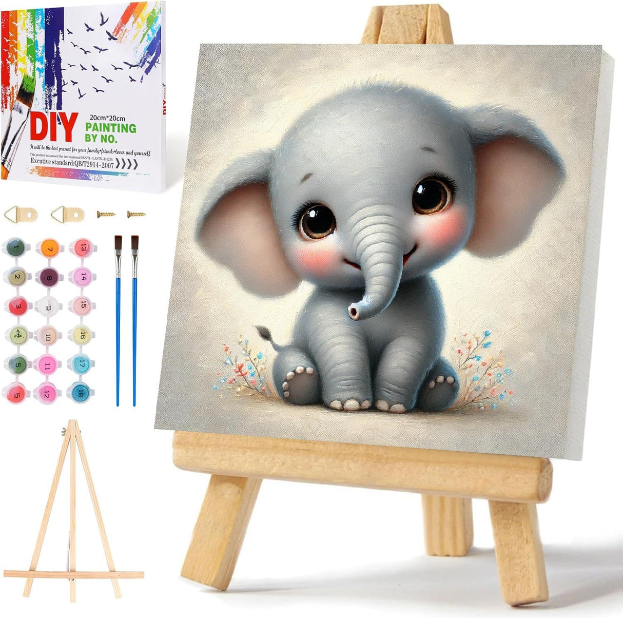 Mowana Paint by Numbers Kit for Adults Framed Canvas - with Wooden Easel, Baby Elephant Adults' Paint-by-Number Kits DIY Acrylic Oil Painting Kits Arts Crafts 7.8x7.8inch Mowana