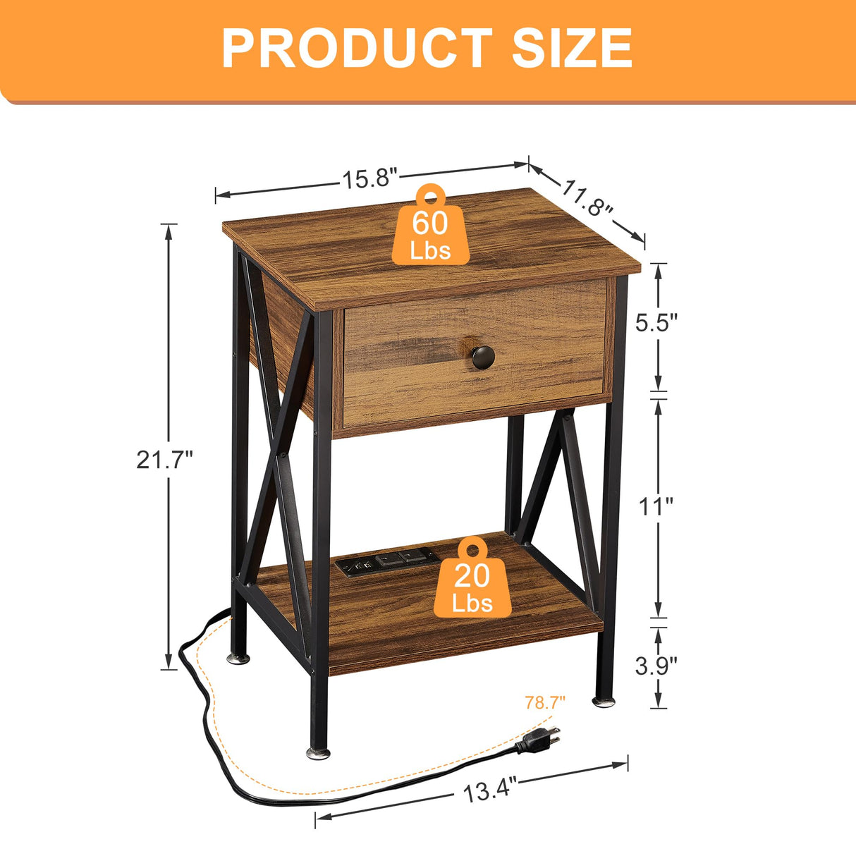 VECELO Nightstand, Bedside End Tables with Charging Station, USB Ports, Drawer Shelf, Night Stand for Bedroom Living Room 2-Pack, Brown VECELO