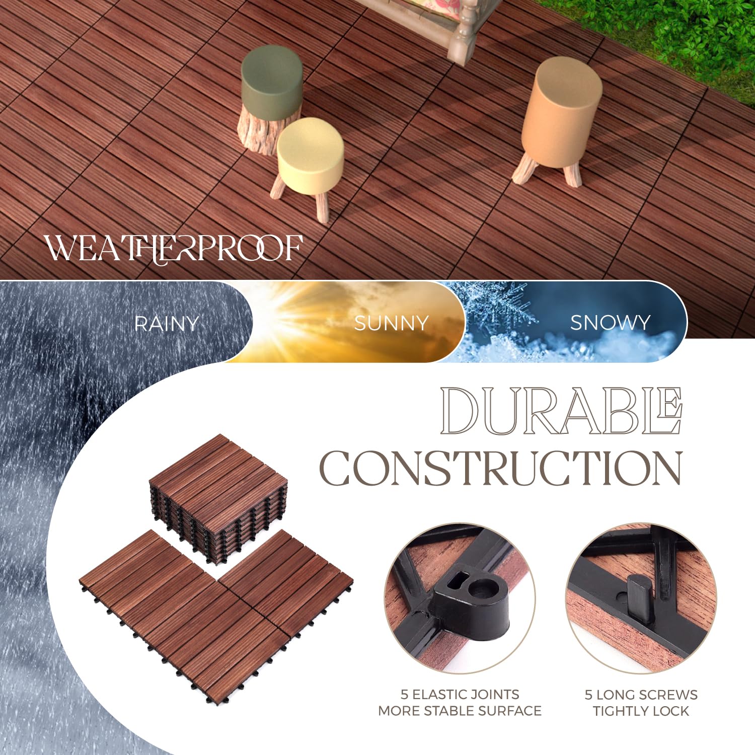 TimberWave Pack of 10 Deck Tiles, Solid Acacia Wood Floor Tiles, Patio Tiles Outdoor Interlocking Waterproof All Weather, with Grooves Decrease Skidding (10, Dark Brown, 12'' x 12" - 6 Slat) - WoodArtSupply