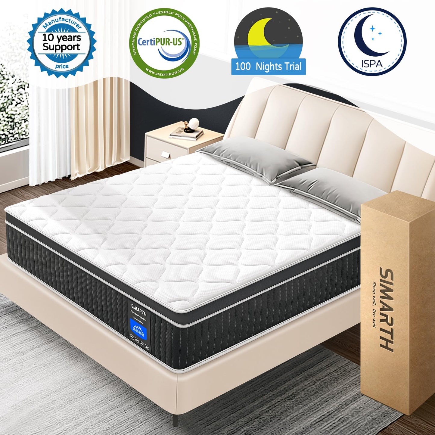 SIMARTH King Mattress,12 Inch Hybrid King Size Mattress in a Box, Upgrade Strengthen Mattresses with Memory Foam and Pocket Spring, Soft and Comfort King Mattress, Non-Fiberglass, Medium Firm