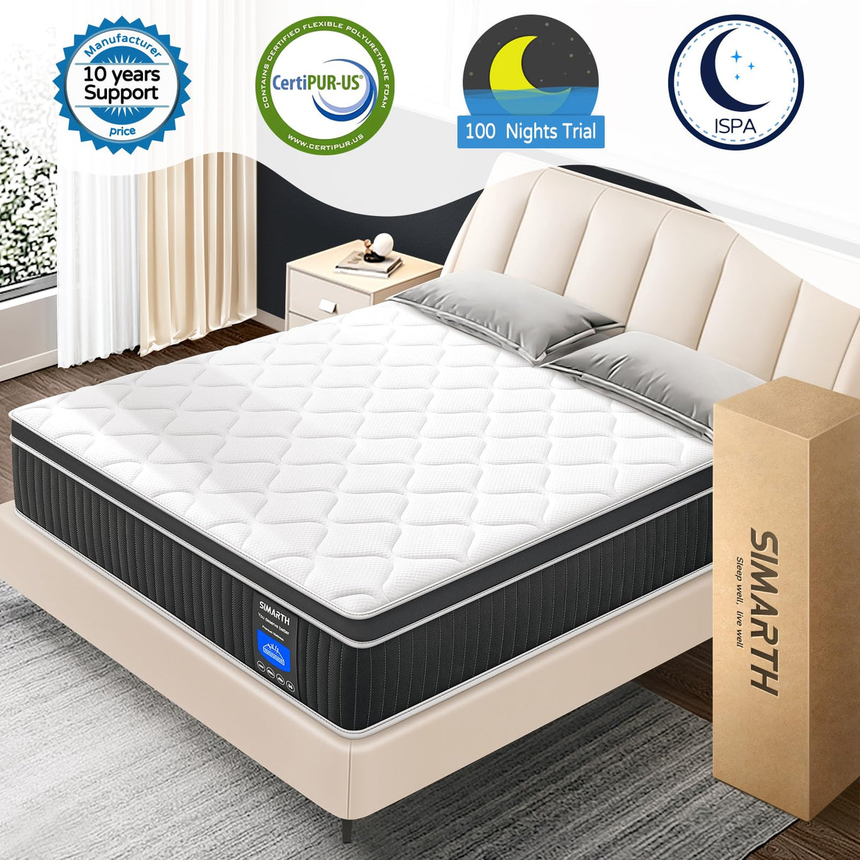 SIMARTH Queen Mattress 14 Inch, Upgrade Strengthen Queen Size Hybrid Mattresses in a Box, Memory Foam Queen Mattress Made of Individually Pocketed Springs for Support and Pressure Relief, Medium Firm SIMARTH