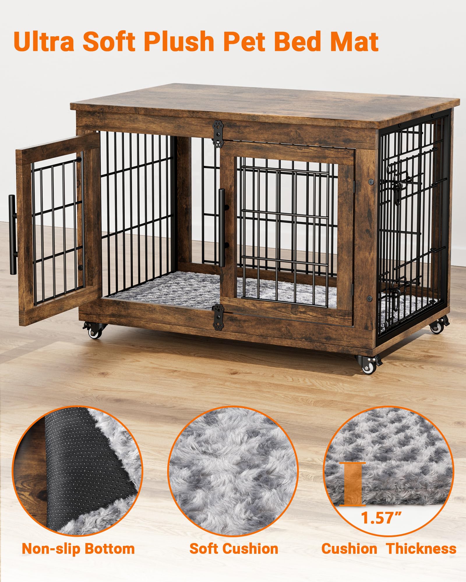 YaFiti Dog Crate Furniture with Cushion, Wooden Dog Kennel with Double Doors, Heavy Duty Dog Cage End Table with Wheels, Dog House Indoor for Small Medium Dogs up to 45 lb, 32.5” L, Rustic Br - WoodArtSupply