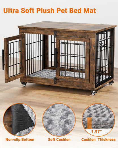 YaFiti Dog Crate Furniture with Cushion, Wooden Dog Kennel with Double Doors, Heavy Duty Dog Cage End Table with Wheels, Dog House Indoor for Small Medium Dogs up to 45 lb, 32.5” L, Rustic Br - WoodArtSupply