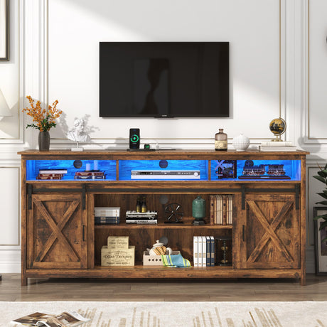 Farmhouse TV Stand for 80/75 inch TVs, Rustic Entertainment Center TV Cabinet Stands with Power Outlets, Rustic Brown Bolonbi