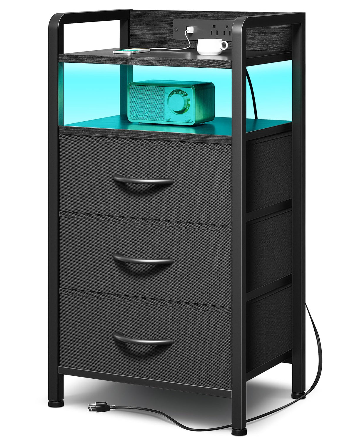 Lazzanto Night Stand Bedside Charger Bedroom - Nightstand with Charging Station & LED Light Strip, Night Stand with Storage Shelf & 3 Fabric Drawers, Morden End Table with U-S-B Ports & AC Outlets Lazzanto