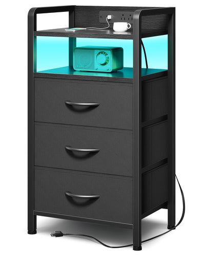 Lazzanto Night Stand Bedside Charger Bedroom - Nightstand with Charging Station & LED Light Strip, Night Stand with Storage Shelf & 3 Fabric Drawers, Morden End Table with U-S-B Ports & AC Outlets