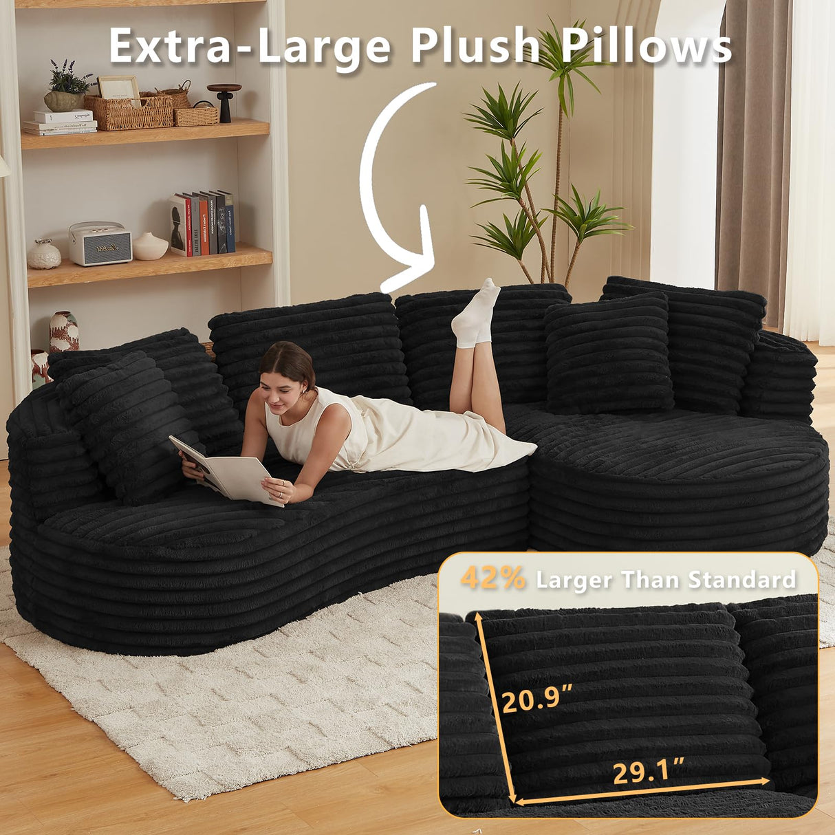 Tabaray 120.9'' Minimalist Curved Sofa, Boneless Modular Sectional Sofa, Cloud Corduroy L-Shaped Couch with Right Chaise, Modern Floor Couches for Living Room, Apartment, No Assembly Required, Black Tabaray