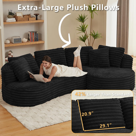 Tabaray 120.9'' Minimalist Curved Sofa, Boneless Modular Sectional Sofa, Cloud Corduroy L-Shaped Couch with Right Chaise, Modern Floor Couches for Living Room, Apartment, No Assembly Required, Black Tabaray