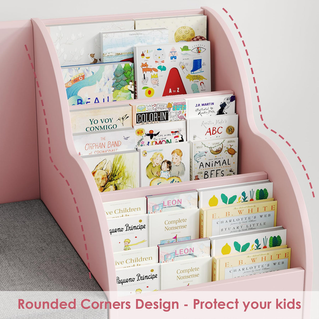 HOSTACK Pink Kids Reading Nook Bookshelf with Storage Cubbies and Bench HOSTACK