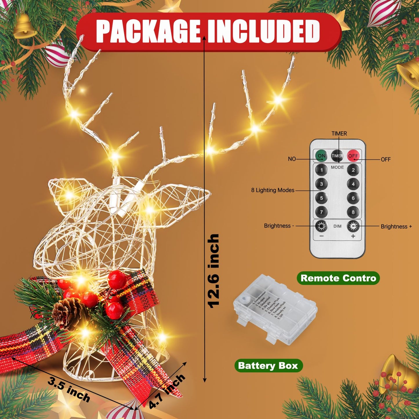 Christmas Tree Topper - 12.6 inch LED Lighted Reindeer Tree Topper with Remote Control, Battery Operated Light Up Xmas Tree Toppers for Christmas Holiday Indoor Home Party Decorations (Silver)