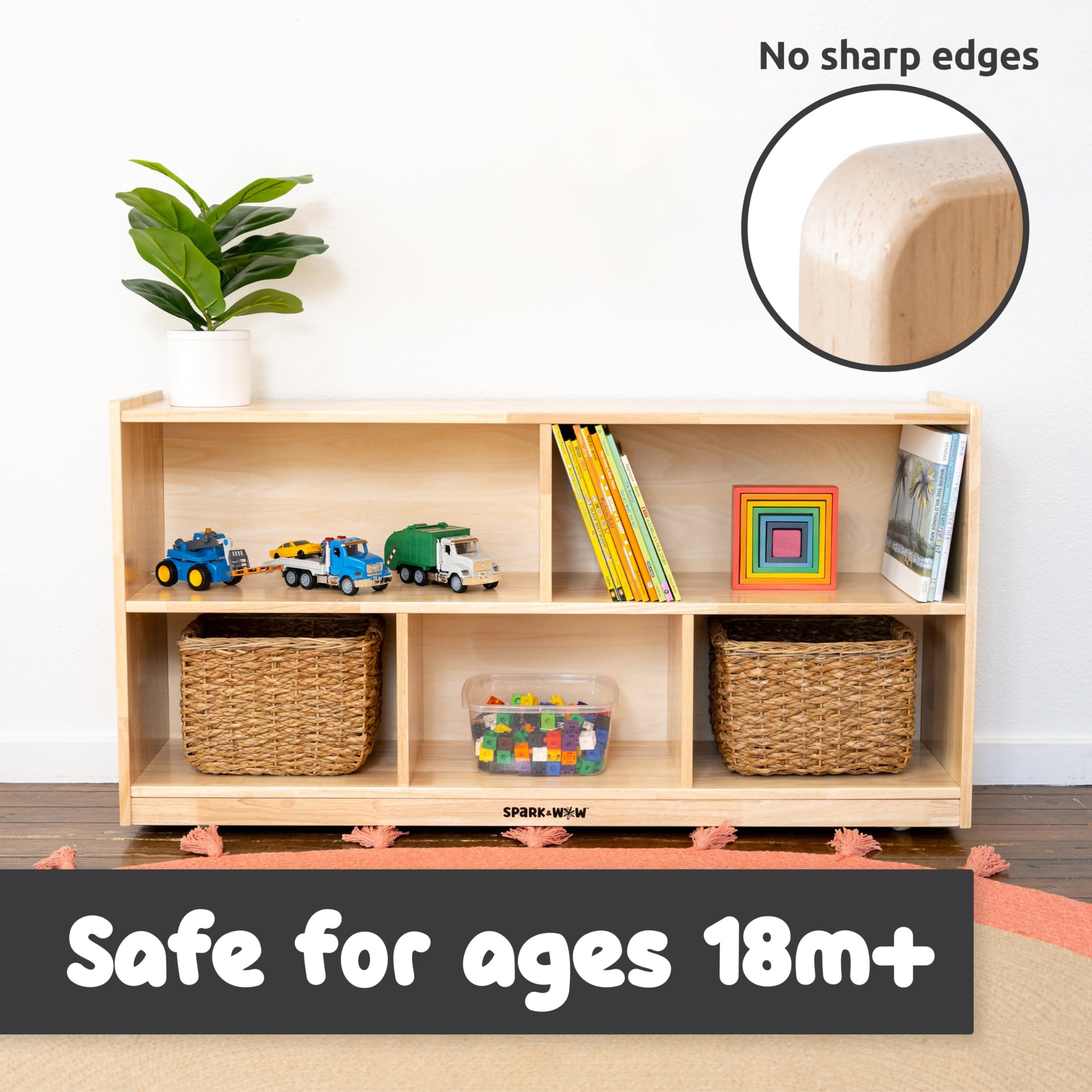 SPARK & WOW 5-Compartment Solid Wood Storage Cabinet - Toy Shelf Organizer for Kids - Shelves for Classroom - Includes Optional Wheels - WoodArtSupply